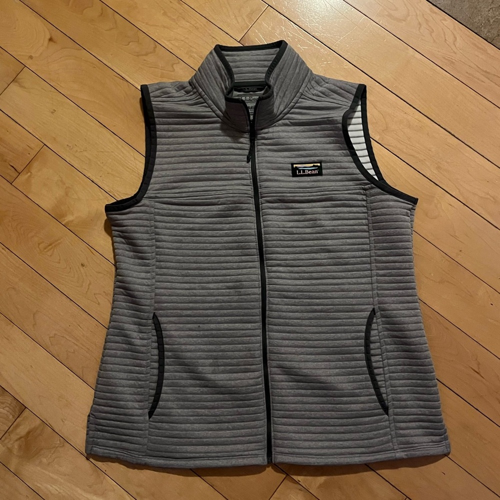L.L. Bean Gray Quilted Sleeveless Zip Vest with Black Trim